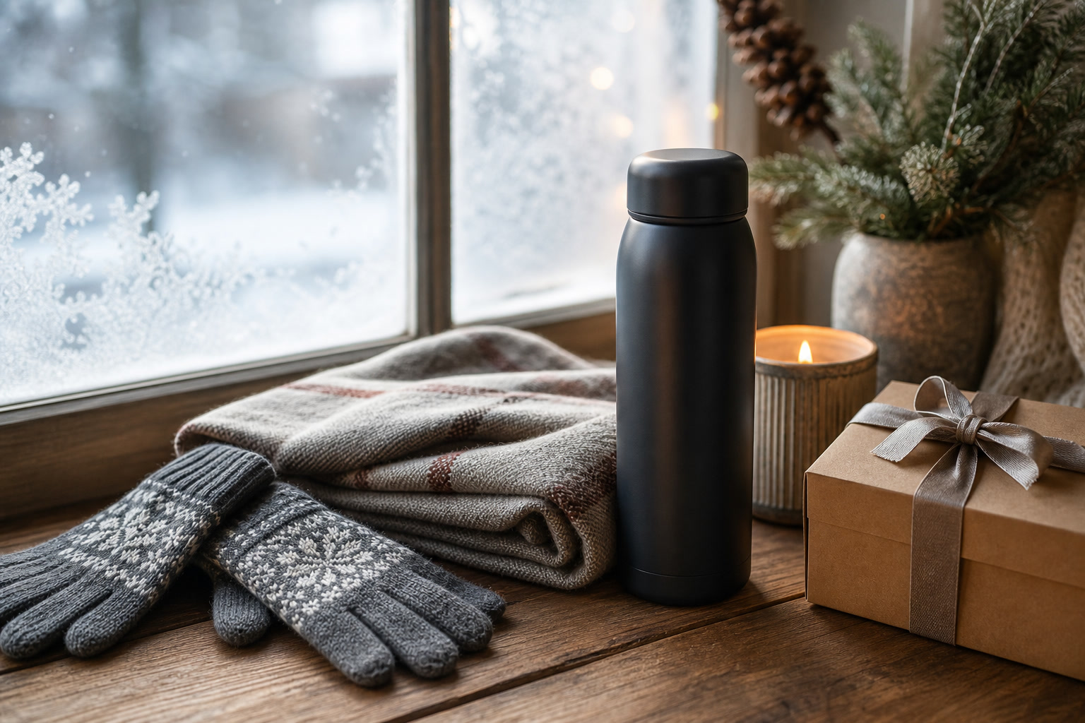 Winter gift edit with gloves, scarf, candle, and wrapped box