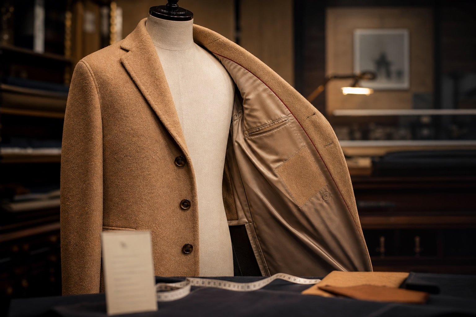 Wool coat on a rail with fabric tag, button detail, and tailor tape
