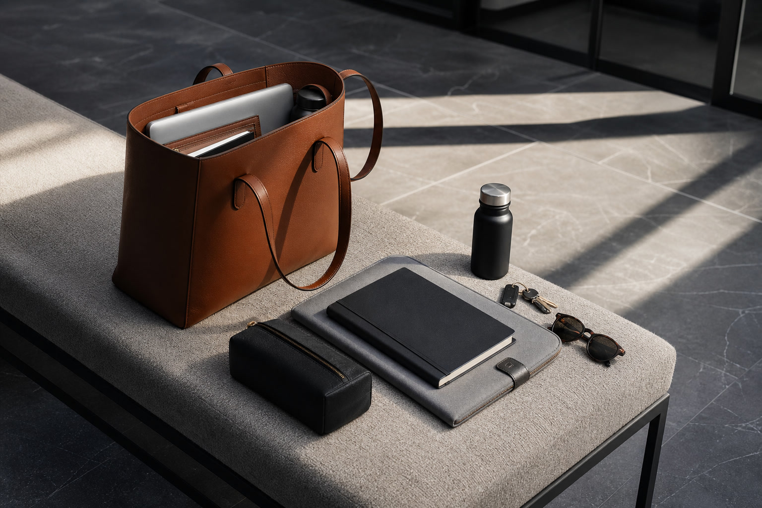 Structured work bag with laptop, notebook, keys, and water bottle laid out